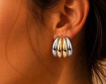 Chunky Gold & Silver Stud Earrings, Two Tone Earrings, 18K Gold Plated Stainless Steel, Statement Studs, Modern Minimal Jewellery UK