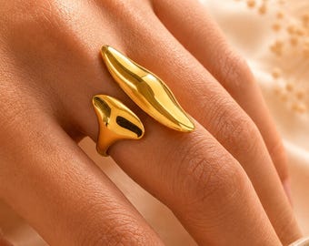 Anillo abierto de oro, anillo llamativo ajustable, joyería chapada en oro de 18 quilates, anillo escultural minimalista, anillo de acero inoxidable resistente al agua.