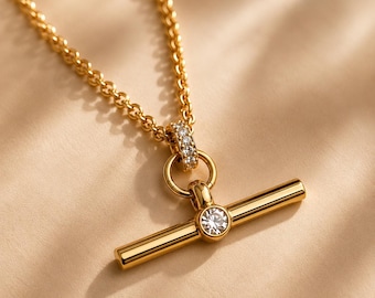 Gold T Bar Necklace, Dainty Toggle Pendant Necklace, Minimalist Gold Jewelry, 18K Gold Plated Everyday Necklace, Luxury Gift for Her