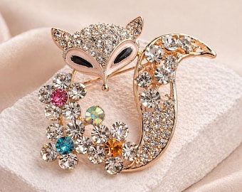 Crystal Fox Brooch – Gold Tone Woodland Animal Pin – Sparkly Rhinestone Statement Jewellery – Cute Gift for Her - Teen Gift