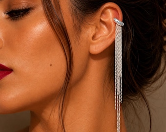 Tassel Ear Cuff Earrings, Chain Wrap Earring, Gold or Silver Plated Ear Cuff, No Piercing Dangle Earring, Minimalist Statement Jewelry