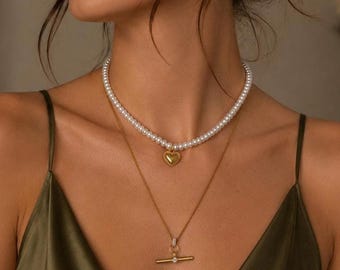 Pearl and T Bar Necklace Set, Layered Gold Necklace Set, Gold Heart Pendant , Dainty T Bar Necklace, 18K Gold Plated Stainless Steel Jewelry