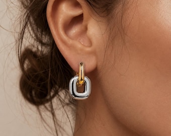 Two Tone Hoop Earrings, Dainty Gold Silver Waterproof Earrings, 18K Gold Plated Stainless Steel Hoops, Minimalist Everyday Jewellery