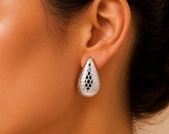 Statement Teardrop Earrings, Chunky Silver Stud Earrings, Bold Textured Studs, Large Silver Plated Earrings, Minimalist Jewelry Gift,