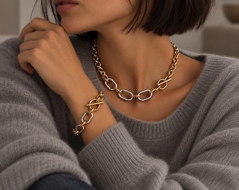 Two Tone Necklace and Bracelet Set, Chunky Gold Toggle Clasp Bracelet, Mixed Metal Chain Necklace, Gold Statement Jewellery Set for Her