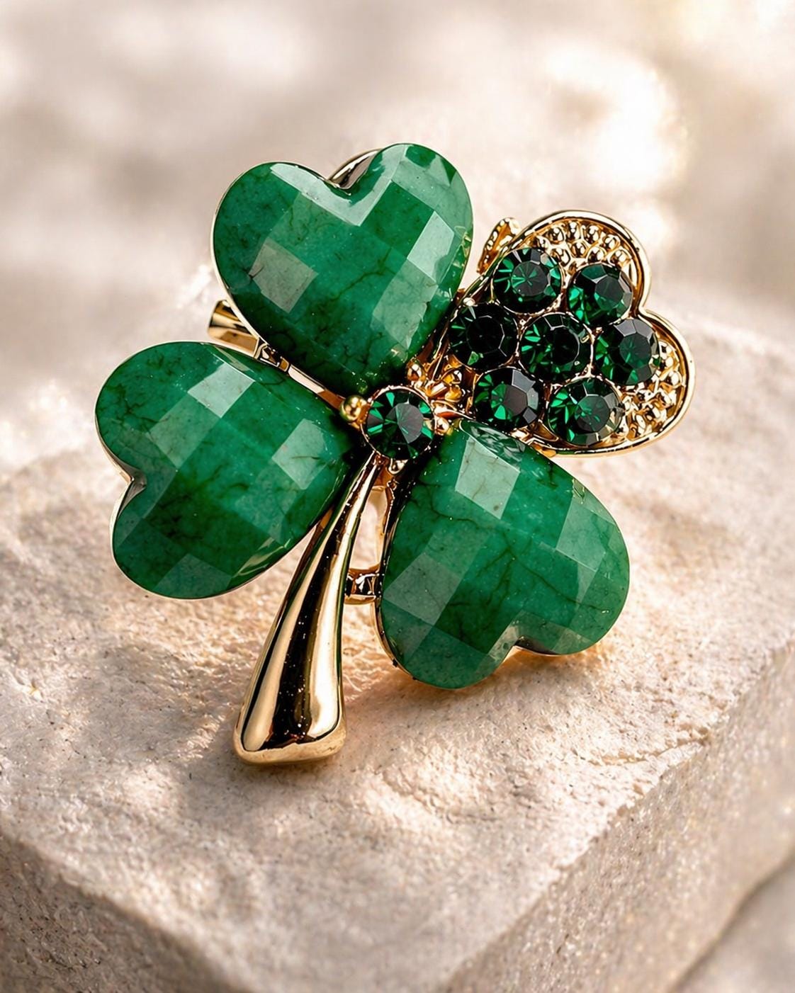 Good Luck Shamrock Brooch - Crystal Four Leaf Clover Pin - Gold Tone Lucky Irish Jewellery - St Patrick's Day Gift for Her - Teen Gift