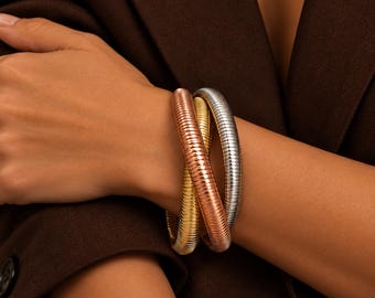 Three Layer Bracelet, Mixed Metal Bangle Bracelet, Gold Plated Stretch Bangle, Snake Chain Statement Bracelet, Luxury Jewelry Gift for Her