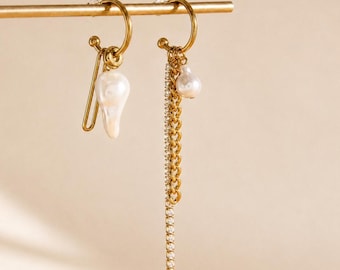 Mismatched Pearl Earrings, Asymmetrical Hoops, Gold or Silver Earrings, Long Chain Drop Earrings, Pearl Statement Jewellery, Gift for Her