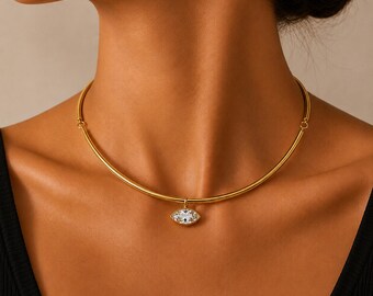 Gold Collar Necklace, 18K Gold Plated Stainless Steel Choker, East West Crystal Pendant Necklace, Minimalist Statement Jewelry, Gift for Her