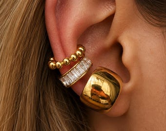 Set of 3 Gold Ear Cuffs, No Piercing Earrings, Gold Plated Stainless Steel Ear Cuff Set, Statement Cartilage Earring, Crystal Ear Cuff