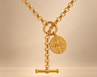 Gold T Bar Necklace, Coin Pendant Lariat, Chunky Chain Y Necklace, 18K Gold Plated Statement Jewellery, Gift for Her