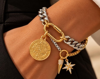 Two Tone Double Layer Chunky Chain Bracelet, Coin Pendant Charm Bracelet, Mixed Metal Gold Silver Statement Jewellery, Unique Gift for Her