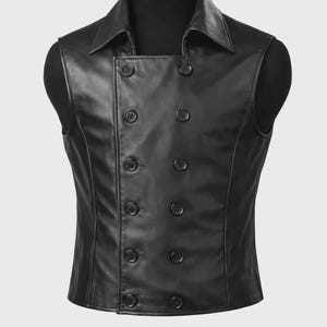 May include: A black leather vest with a double-breasted design. The vest features a notched collar and multiple black buttons. The garment is displayed on a black mannequin, showcasing its tailored fit and classic style. This vest is suitable for various occasions.