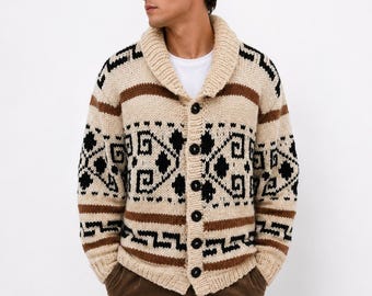 Cardigã estilo Big Lebowski, suéter masculino de lã tricotada estilo Dude, modelo Cowichan.