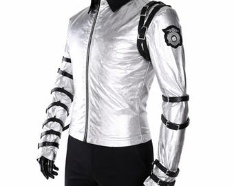 Punk MJ Michael Jackson Classic BAD tour Silver Shine Bodysuit Jacket