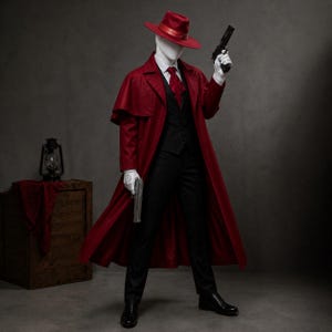 Könnte beinhalten: Ein rotes Hut-, Mantel- und Krawatten-Ensemble mit schwarzer Weste und Hose. Das Outfit beinhaltet weiße Handschuhe und wird mit zwei Spielzeugpistolen ergänzt. Die Figur trägt eine weiße Maske.