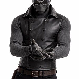 May include: A person wearing a black leather vest with a double-breasted design, paired with a gray turtleneck and black gloves. The person is also wearing a black mask with goggles and a brown belt with a holster.