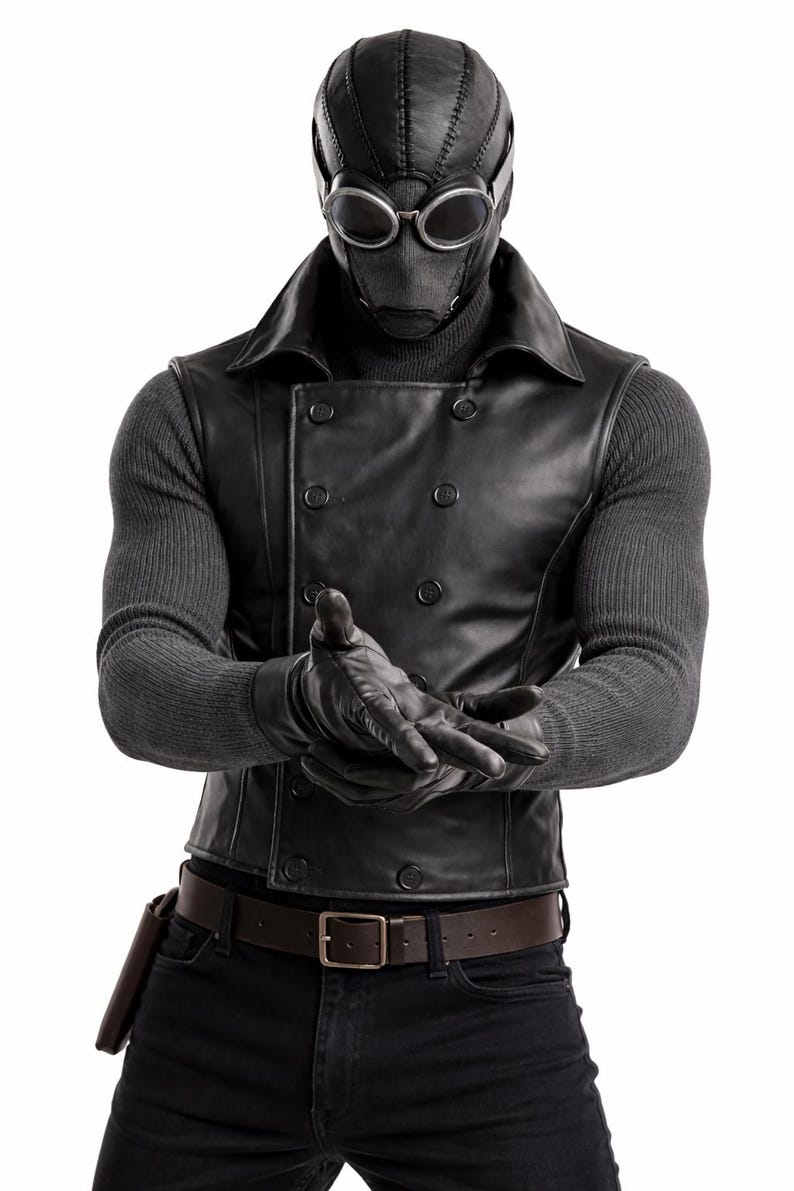 May include: A person wearing a black leather vest with a double-breasted design, paired with a gray turtleneck and black gloves. The person is also wearing a black mask with goggles and a brown belt with a holster.