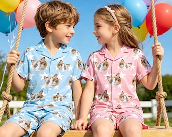 Personalized Pet Photo Kids Pajama Set, Custom Funny Short Sleeve PJs for Childrens, Birthday/Christmas Gifts, Gift for Boys & Girls