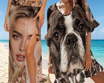 Personalized Pet Face Beach Cover Up, Custom Photo Sarong Wrap, Bachelorette Party Swimwear, Funny Casual Seaside Wear, Gift for Her