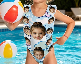 Custom Face Kids Swimsuit, Personalized Photo Toddler Bathing Suit, Girls One Piece Swimwear, Funny Pool Beachwear, Summer Kids Gift for Her
