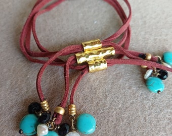 Cross charm bracelet gold multi strand/Tassel bracelet turquoise