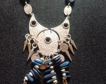 Metal Opera Necklace Tribal,Lapis Lazuli and Pearl