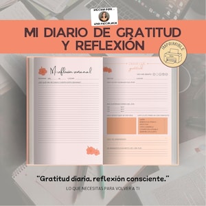 Puede incluir: Diario abierto con el título "MI DIARIO DE GRATITUD Y REFLEXIÓN". Contiene preguntas para la gratitud y reflexión diaria, con ilustraciones florales. El texto "Gratitud diaria, reflexión consciente" se encuentra en la parte inferior.
