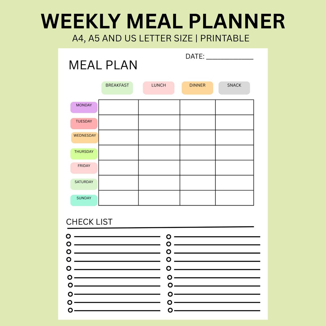Minimalist Weekly Meal Planner | Food List Printable (PDF Download) - Etsy