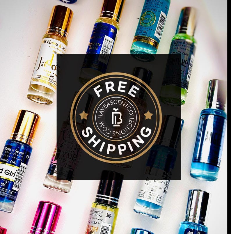 May include: An assortment of small perfume bottles with gold, silver, and black caps. The bottles are filled with various colored liquids, including blue, green, and pink. A circular logo with the words "FREE SHIPPING" is in the center.