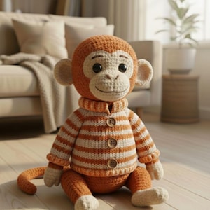 Wzór na szydełkową małpkę w formacie PDF – pluszowa małpka amigurumi – zabawka w paski – prezent szydełkowy dla średnio zaawansowanych – terminologia amerykańska