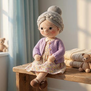 Puede incluir: Muñeca de ganchillo hecha a mano de una mujer mayor con el pelo gris recogido en un moño, gafas, una rebeca lila y un vestido floral. La muñeca está sentada en un banco de madera, con un osito de peluche y mantas. La muñeca lleva zapatos marrones.