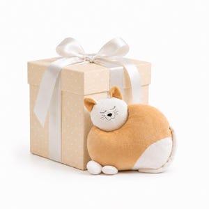May include: A plush cat toy with a white face and tan body, featuring embroidered closed eyes and whiskers, positioned in front of a square beige gift box with white polka dots and a large white satin ribbon tied in a bow on top.
