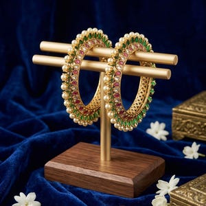 Royal Kundan Pearl Bangles Set Gold Plated Traditional Indian Bridal Jewelry for Festive Wear.