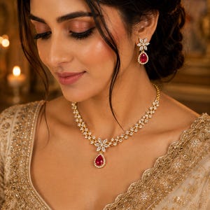 May include: A gold-toned necklace and matching drop earrings set featuring clear, marquise-cut stones arranged in a floral pattern. The necklace and earrings each feature a central, pear-shaped, deep red stone surrounded by small, clear, round stones.