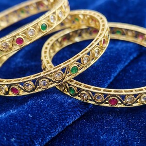 Gold Kundan Bangles Set Traditional Indian Bridal Jewelry Multicolor Stone Kada for Wedding.