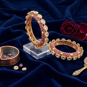 Handcrafted Gold Ruby Bangles Set Traditional Indian Bridal Kundan Jewelry Luxury Wedding Statement Bracelet.