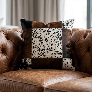 Cowhide Patchwork Cushion Cover – Genuine Leather Throw Pillow, Rustic Western Home Decor