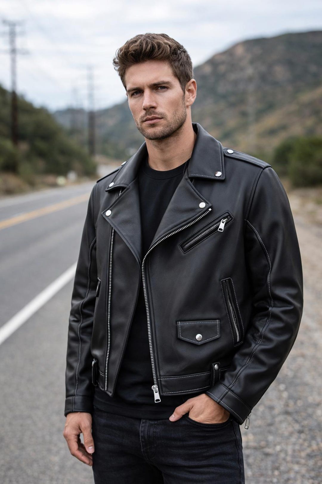 Black Leather Biker Jacket for Men | Slim Fit Moto Jacket With Zipper ...