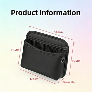 May include: Black car organizer with dimensions displayed: 18.5cm wide, 11.5cm high, 17.5cm long, and 5.5cm thick. The organizer has a mesh pocket and a metal grommet. Text on the image reads "Product Information".
