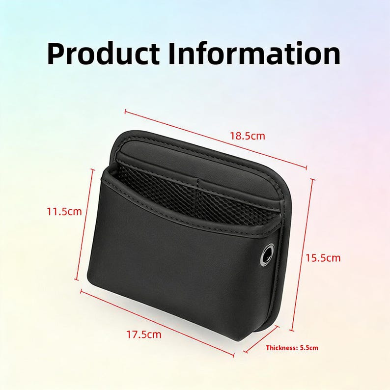 May include: Black car organizer with dimensions displayed: 18.5cm wide, 11.5cm high, 17.5cm long, and 5.5cm thick. The organizer has a mesh pocket and a metal grommet. Text on the image reads "Product Information".