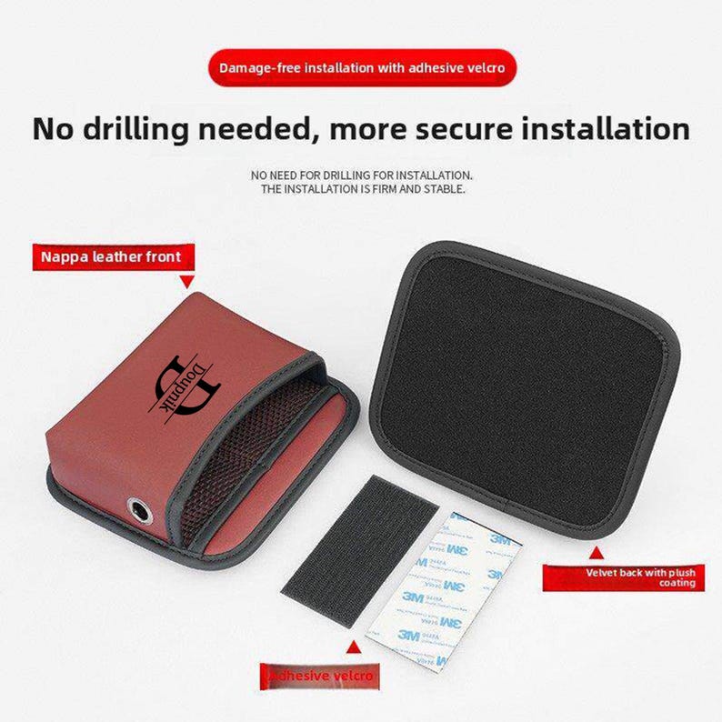 May include: A red Nappa leather front accessory with a black mesh interior and a black velvet back. The image also shows adhesive velcro strips and text that reads "Damage-free installation with adhesive velcro."