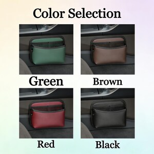 May include: Image showing a color selection of car organizers in green, brown, red, and black. Each organizer has a mesh pocket and is designed to fit in a car. The text "Color Selection" is at the top, with the color names below each organizer.