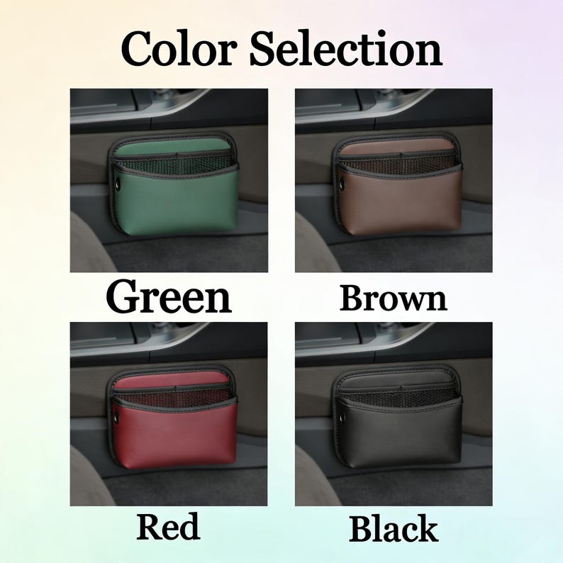 May include: Image showing a color selection of car organizers in green, brown, red, and black. Each organizer has a mesh pocket and is designed to fit in a car. The text "Color Selection" is at the top, with the color names below each organizer.