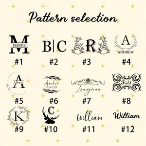 May include: A cream-colored graphic with the text "Pattern selection" at the top. Below are twelve design options, each with a unique font and style, including initials, names, and decorative elements. Each design is numbered for easy selection.