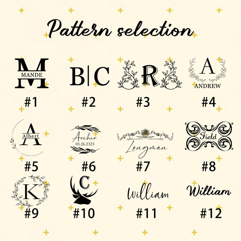 May include: A cream-colored graphic with the text "Pattern selection" at the top. Below are twelve design options, each with a unique font and style, including initials, names, and decorative elements. Each design is numbered for easy selection.