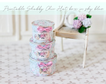 Dollhouse Miniature Printable- 12th scale DIY - Shabby Chic Hatbox in Sky Blue (3size) [Digital File]