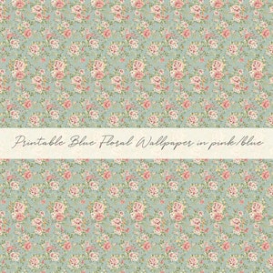Dollhouse Miniature Printable- 12th scale DIY - Printable Blue Floral Wallpaper in pink/blue [Digital File]/Digital Vintage Paper