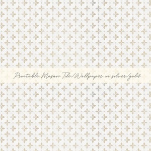 May include: A repeating pattern of gold and silver floral mosaic tile design on a white background. The text "Printable Mosaic Tile/Wallpapers in silver/gold" is displayed across the image.