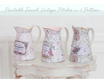 Dollhouse Miniature Printable- 12th scale DIY - French Vintage Pitcher in 3 Patterns and labels [Digital File]